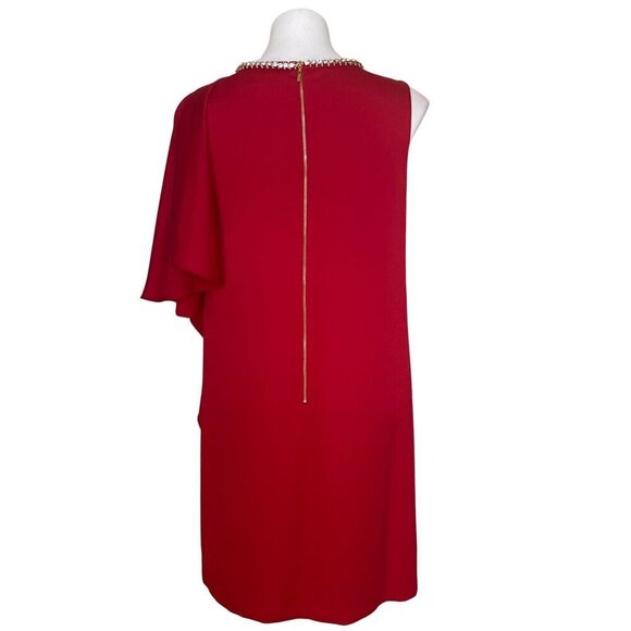 Tahari ASL Red Asymmetrical Sleeve Cocktail Dress, Rhinestones Women's Size 10 - Picture 5 of 10